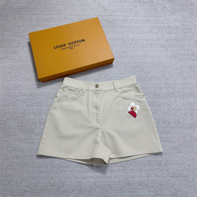 lv louis vuitton vivienne appliqué denim shorts